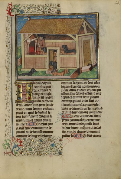 Myśliwy opiekujący się psami hodowlanymi, ok. 1430-40 (tempera, złota, srebrna farba i liść na pergaminie) autorstwa French School