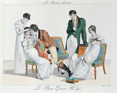 Gra w pocałunki, początek XIX w. (kolor grawerowany) autorstwa French School