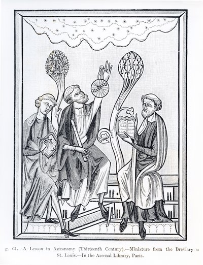 Lekcja astronomii z Brewiarza św. Ludwika, ilustracja z Nauki i literatury w średniowieczu i renesansie, napisana i rytowana przez Paula Lacroix, 1878 (fot. bw autorstwa French School