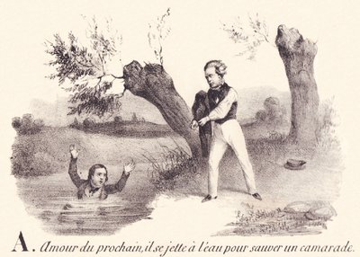 A: Miłość bliźniego, rzuca się do wody, by ratować towarzysza. autorstwa French School
