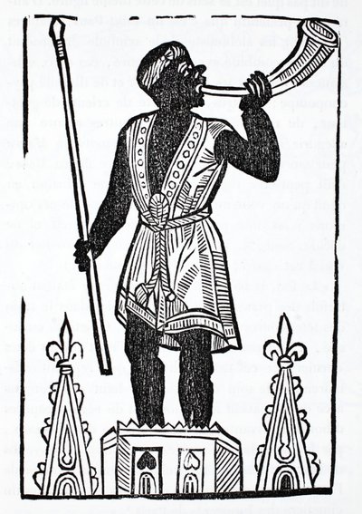Maur stojący na wieży, dmący w róg, by obudzić zmarłych i zebrać ich w dolinie Jozafata autorstwa French School