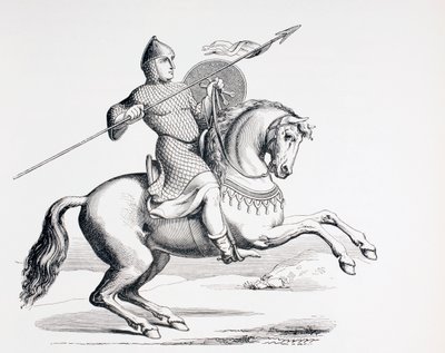 Norman rycerz ubrany w kolczugę i hełm niosący włócznię i tarczę, 1873 autorstwa French School
