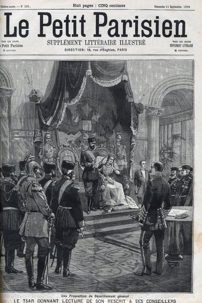 Propozycja ogólnego rozbrojenia (sporządzona do mocarstw europejskich) – car Mikołaj II (1868-1918) czytając swój pismo swoim doradcom. Le Petit Parisien autorstwa French School
