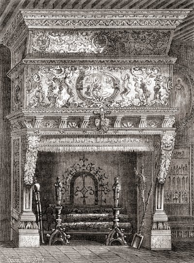 Renesansowy kominek w The Cluny Museum, Paryż, Francja, z „Les Merveilles de la Science”, opublikowany ok. 1870 (rycina) autorstwa French School