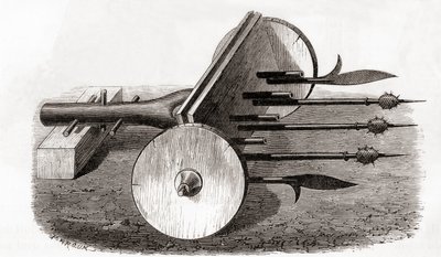 Ribauldequin, piekielny pistolet maszynowy lub organowy, uzbrojony w małe działka i piki, z Les Merveilles de la Science, wydany ok. 1870 (rycina) autorstwa French School