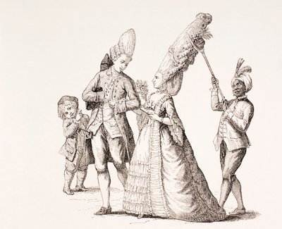 Satyra na kobiece ekstremalne fryzury w XVIII-wiecznym Paryżu, 1875 r autorstwa French School