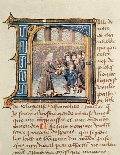 Siostra otrzymująca prezenty od pacjentów z Le Livre de Vie Active de lHotel Dieu de Paris by Jean Henry, ok.1482 autorstwa French School