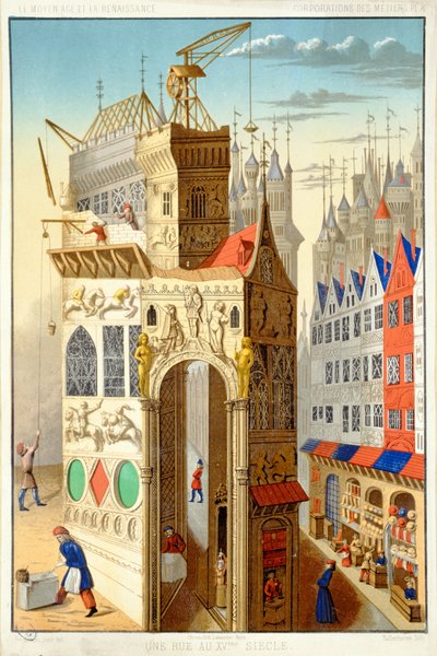 Ulica z XV w. przedstawiająca budowę Wieży, autorstwa French School