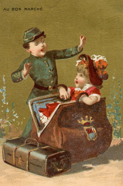 Niespodzianka w bagażu, z serii ilustracji dzieci, wyprodukowanych jako karty promocyjne dla Domu Towarowego Bon Marché w Paryżu, ok. 1890 autorstwa French School