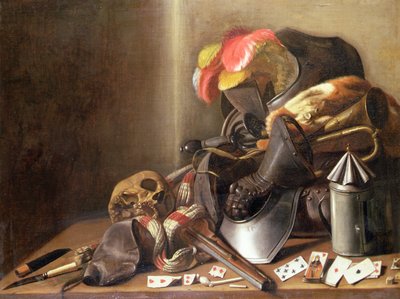Martwa natura Vanitas z czaszką, kartami do gry i zbroją, ok. 1650 (olej na płótnie) autorstwa French School
