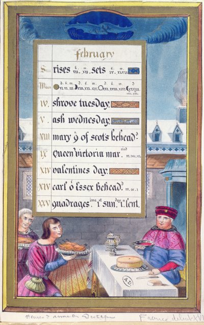 Wiktoriański arkusz kalendarza na luty z ilustracją z Księgi Godzin Anny de Bretagne (1488-1514) autorstwa French School
