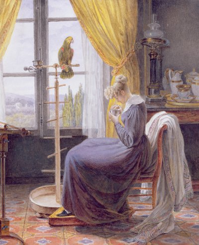 Kobieta karmiąca papugę we wnętrzu, ok. 1820 (wc z gwaszem na papierze) autorstwa French School