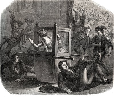 Grupa żartownisiów powstrzymuje Marie-Therese (Marie Therese) Le Vasseur (Levasseur) (1721-1801), kostium na karnawał, przed poruszaniem się na wózku inwalidzkim. Jest ofiarą zemsty jednego z byłych kochanków. Grawer z 1871 roku w „Histoire Des Cocus C autorstwa French School