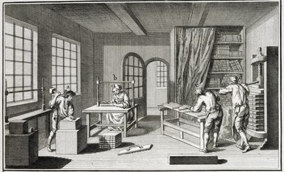 Warsztat bukmacherski, z Encyclopedie des Sciences et Metiers Denisa Diderota (1713-84) wydanej ok. 1770 r. autorstwa French School