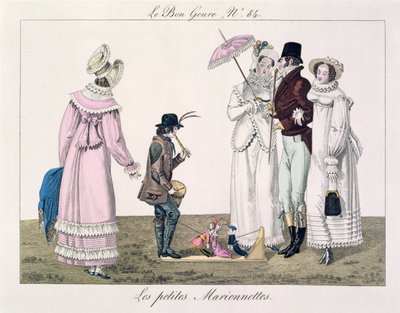 Chłopiec bawiący się tańczącymi lalkami, tablica 84 z gatunku le Bon, ok. 1810 (kolor grawerowany) autorstwa French School