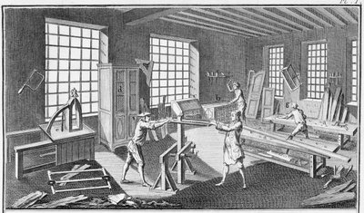 Warsztat stolarski, z Encyclopedie des Sciences et Metiers Denisa Diderota (1713-84) opublikowanego ok. 1770 autorstwa French School
