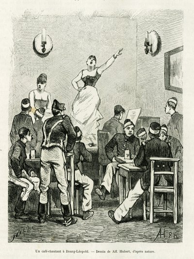 Kawiarnia śpiewająca w Bourg Leopold. Rycina A.Huberta do ilustracji opowiadania La Belgique, autorstwa Camille Lemonnier, w le tour du monde 1886, w reżyserii Edouarda Chartona (1807-1890), Hachette, Paryż. autorstwa French School