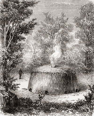 Piec na węgiel drzewny w lesie, według rysunku z XIX wieku, z Les Merveilles de la Science, opublikowany ok. 1870 (rycina) autorstwa French School