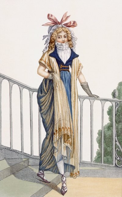 Sukienka spacerowa w stylu wiejskim, ilustracja z Journal des Dames et des Modes, 1797 autorstwa French School
