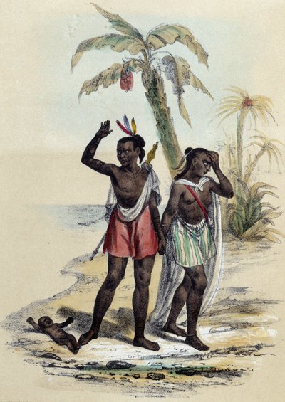 Para i dziecko na plaży; ilustracja dla markiz, w „Les dwunastu narodów” autorstwa ME Fouinet autorstwa French School