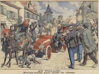 Kierowca zatrzymany przez policję za przekroczenie prędkości podczas przejazdu przez wioskę (kolorowy grawerunek) autorstwa French School