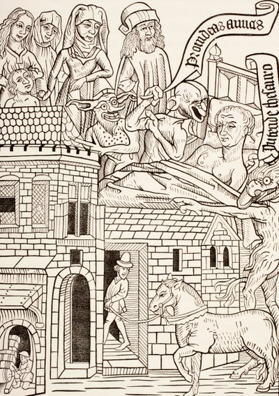 Umierający grzesznik otoczony przez rodzinę i dwa diabły szepczą mu do ucha, strona z XV-wiecznego tekstu Ars Moriendi czyli Sztuka umierania, z Les Artes au Moyen Age, opublikowanej w 1873 roku autorstwa French School