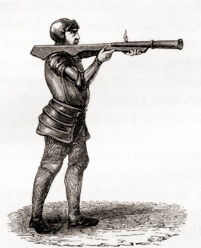 Piechur używający ręcznej bombardy, koniec XIV i XV wieku, na podstawie XIX-wiecznego rysunku z Les Merveilles de la Science, opublikowanego ok. 1870 (rycina) autorstwa French School
