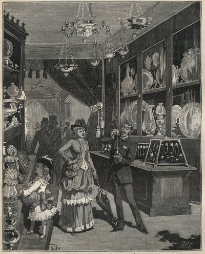 Sklep ze złotem we Francji w XIX wieku. Grawer z 1885 roku w „Les arts et metiers illustres” Adolphe BITARD. autorstwa French School