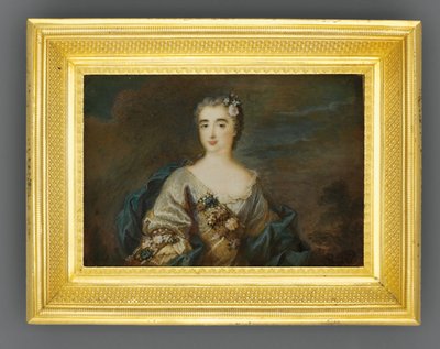 Pani o imieniu Louise-Jeanne de Durfot, Duchesse de Mazarin et de la Meilleraye, ok. 1750 (akwarela na kości słoniowej) autorstwa French School