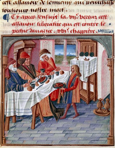 Mężczyzna dzieli stół z ubogim w potrzebie Miniatura zaczerpnięta z „Le livre de bonnes moreurs de Jacques Legrand” 1490 Chantilly, Musee Conde autorstwa French School