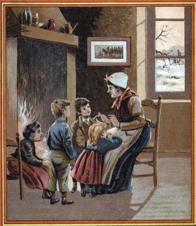 Matka opowiada swoim dzieciom bajki przy ognisku. Okładka książki „Les tales du foyer pour les petits””. Anonimowy rycina z XIX wieku. autorstwa French School