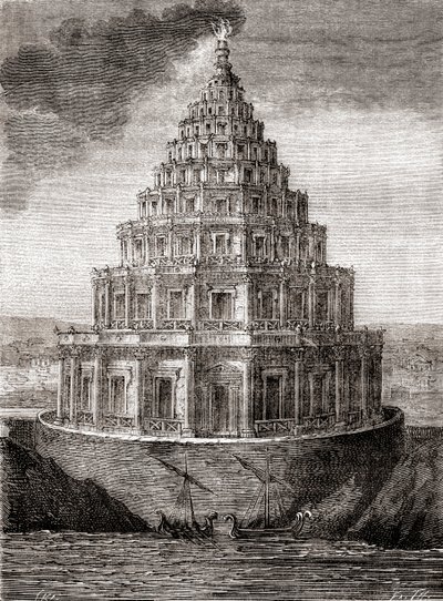 Wyimaginowany XIX-wieczny obraz latarni morskiej w Aleksandrii, znanej również jako Faros z Aleksandrii, latarni morskiej zbudowanej przez Królestwo Ptolemeuszów w latach 280-247 p.n.e., z „Les Merveilles de la Science”, opublikowanej ok. 1870 r. (rycina) autorstwa French School