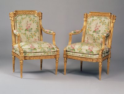 Para foteli z zestawu mebli Ludwika XVI z pieczęcią Delaisement, ok. 1780 (rzeźbione drewno i tapicerka) (patrz także 222393) autorstwa French School