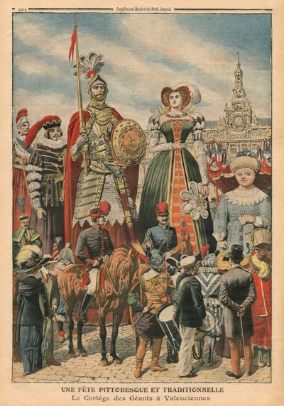 Malownicza i tradycyjna uczta, procesja olbrzymów w Valenciennes, ilustracja z „Le Petit Journal”, dodatek illustre, 10.07.1910 r. (lito barwne) autorstwa French School