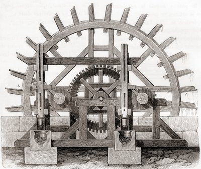 Młyn proszkowy i koło wodne, według rysunku z XIX wieku, z Les Merveilles de la Science, wydanego ok. 1870 (rycina) autorstwa French School