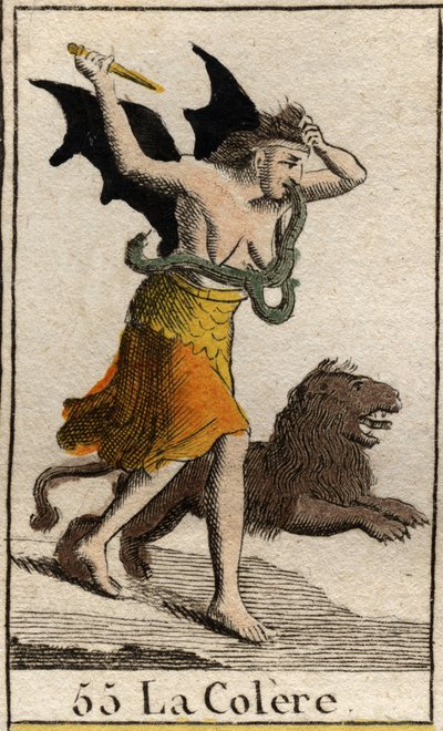 Przedstawienie Gniewu ubranego w odłamki, trzyma sztylet i wyrywa włosy. (Reprezentacja Angry, ubrana w strzępy, trzyma nóż i rwie włosy). Z „Mitologii młodości” Pierre