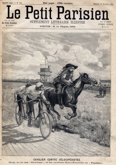 Jeździec ścigał się z welocypedami: William Frederic Cody (1846-1917), znany jako Buffalo Bill, znany jako Król Kowbojów oraz rowerzyści Gaby i Fournier w Tandemie. Jedna z gazet „Le petit Parisien”” z dnia 26.11.1893 (rycina) autorstwa French School
