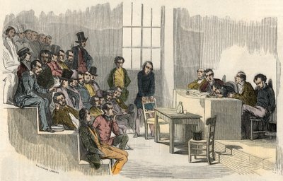 Seans konkursu agregacji na paryskiej Sorbonie w XIX wieku - Grawerowanie w „”Tableau-de-Paris” Edmonda Texiera 1852 autorstwa French School