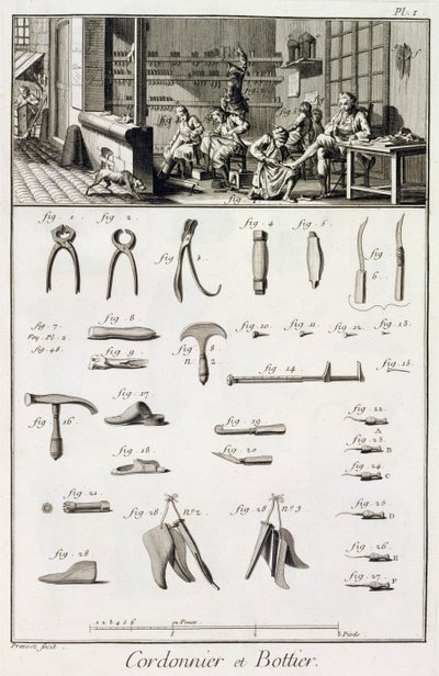 But i szewc oraz ich narzędzia, z Encyclopedie des Sciences et Metiers autorstwa Denisa Diderota (1713-84) opublikowanej ok. 1770 r. autorstwa French School