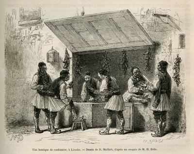Sklep szewski i jego klientela w Livadie, rysunek D.Maillarda, ilustrujący historię Henri Belle: Voyage en Greece autorstwa French School