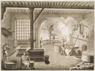 Warsztat farbiarzy jedwabiu, z Encyclopedie des Sciences et Metiers autorstwa Denisa Diderota (1713-84) opublikowany ok. 1770 autorstwa French School
