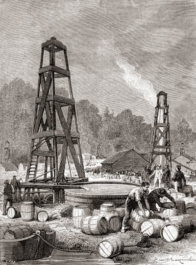 Źródło ropy naftowej w Oil Creek na rzece Allegheny w Pensylwanii w USA w 1858 r., odkryte przez Edwina Laurentine Drake, znanego również jako pułkownik Drake, z „Les Merveilles de la Science”, opublikowanej ok. 1870 r. (rycina) autorstwa French School