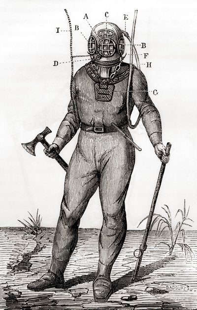 Standardowy skafander nurkowy opatentowany przez Josepha-Martina Cabirola w 1855, z „Les Merveilles de la Science”, opublikowany ok. 1870 (rycina) autorstwa French School