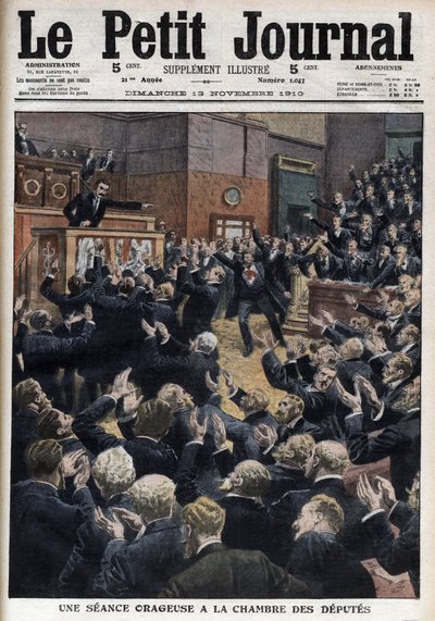 Burzliwe posiedzenie w Izbie Deputowanych – premier Aristide Briand oskarża lidera socjalistów Jeana Jauresa o naruszenie prawa – ilustracja z „Le petit Journal”, dodatek ilustruje autorstwa French School