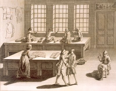 Warsztat krawiecki, z Encyclopedie des Sciences et Metiers autorstwa Denisa Diderota (1713-84) wydanej ok. 1770 r. autorstwa French School