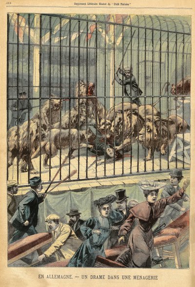 Poskramiacz zostaje pożarty przez swoje lwy w menażerii w Dessau w Niemczech. Grawerowanie w „Le Petite Parisien””, 27.12.1903. autorstwa French School