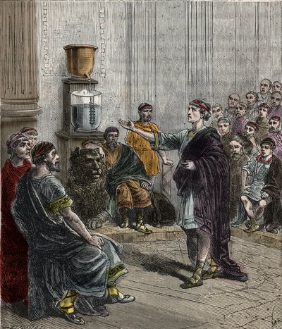 Zegar wodny lub klepsydra w Atenach - Starożytna Grecja - la clepsydre a Athenes - Grawerowanie w „”Nauki umieszczone u drzwi wszystkich - fizyka i chemia” Alexisa Clerca - Koniec XIX wieku - Kolekcja prywatna autorstwa French School
