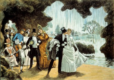 Ślub nad wodospadem. Para młoda w Parc des Buttes Chaumont (). Druk z końca XIX wieku Kolekcja prywatna autorstwa French School