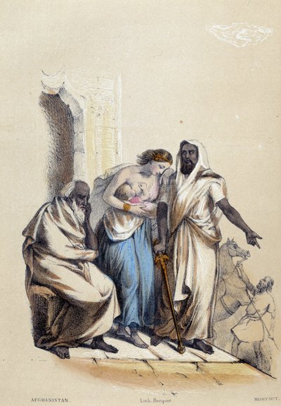 Biała kobieta karmiąca piersią swoje dziecko ukarana w Afganistanie; ilustracja dla Afganistanu, w „Dwunastu narodach” ME Fouine autorstwa French School