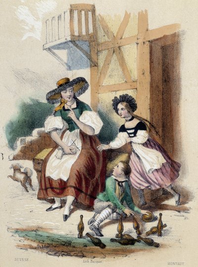 Kobieta i 2 dzieci grają w kręgle; ilustracja dla Szwajcarii - w „Les dwunastu narodów” M.E Fouinet autorstwa French School